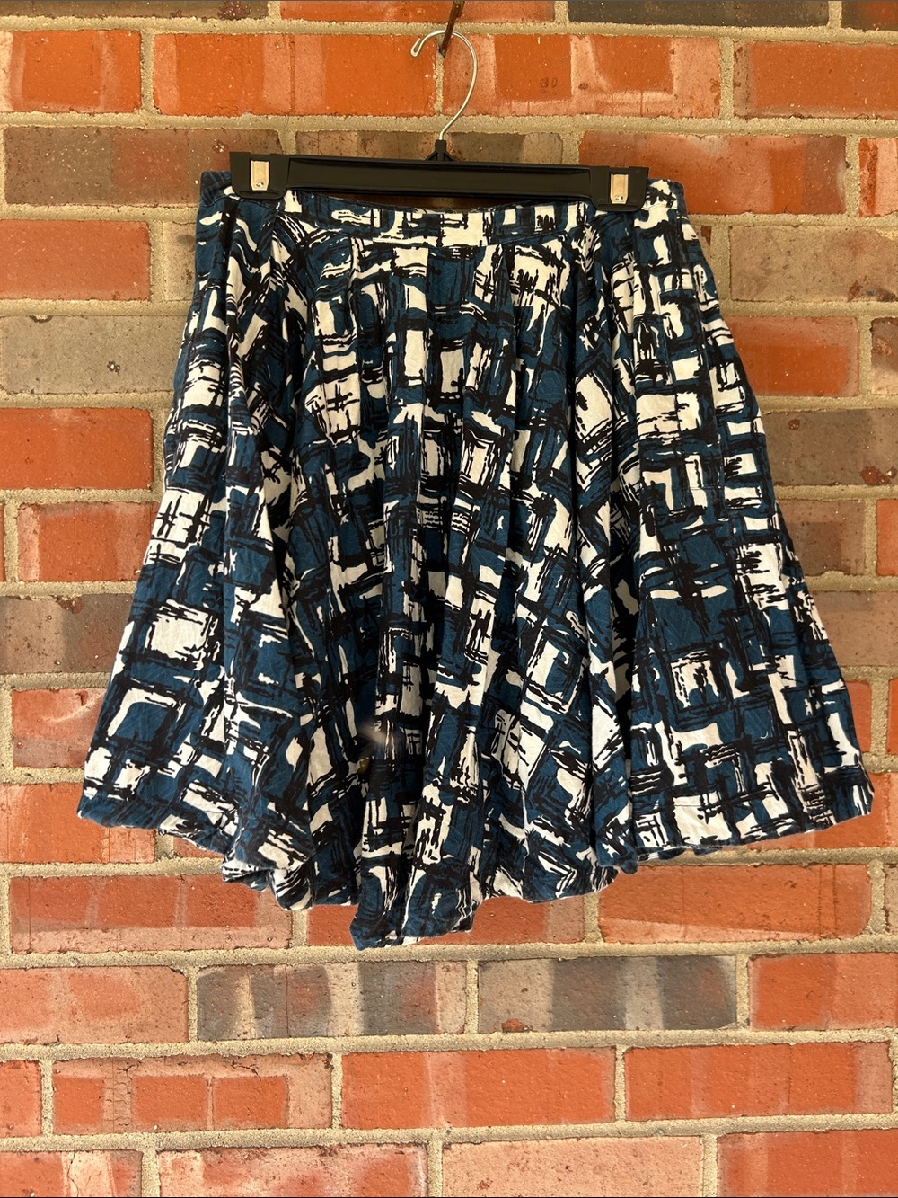 Anthropologie Blue and White Abstract Grid Circle Skirt